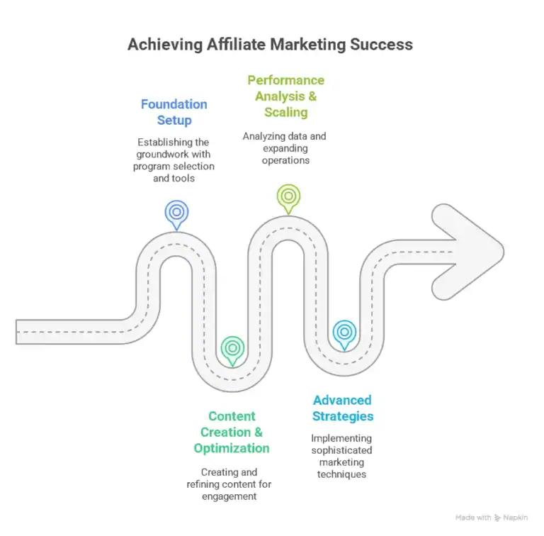 Affiliate marketing success roadmap: Setup, Content, Performance, Advanced Strategies.
